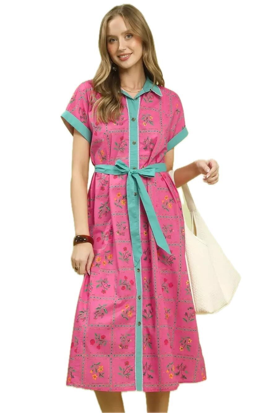 Umgee Mix Floral Button-Front Midi Dress Peony Mix Pockets Size Small NWT